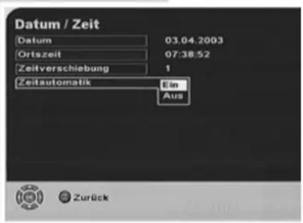 Datum / Zeit Datum 03.04.2003 Ortszeit 07:38:52 Zeitverschiebung 1 Zeitautomatik Ein Aus Zurück