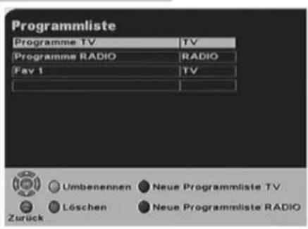 Programmliste Programme TV TV Programme RADIO RADIO Fav 1 TV Umbenennen Neue Programmliste TV Löschen Neue Programmliste RADIO Zurück