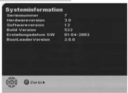 Systeminformation Serialnummer 7 Hardwareversion 3.0 Softwareversion 1.2 Build Version 522 Erstellungsdatum SW 01-04-2003 BootLoaderVersion 2.0.0