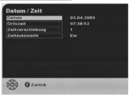 Datum / Zeit Datum 03.04.2003 Ortszeit 07:38:52 Zeitverschiebung 1 Zeitautomatik Ein Zurück
