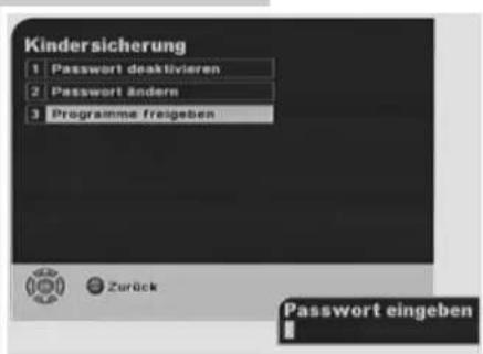 Kindersicherung 1 Passwort deaktivieren 2 Passwort ändern 3 Programme freigeben Zurück Passwort eingeben