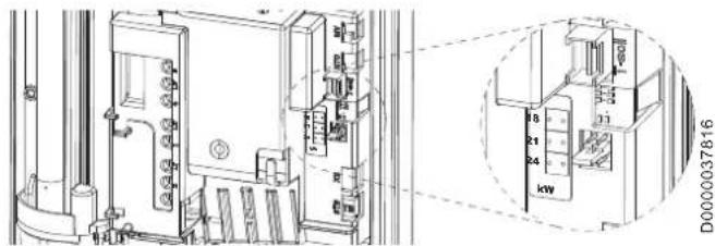 Technical schematic diagram of an electrical enclosure with labeled components and a magnified inset showing internal wiring or wiring specifications.