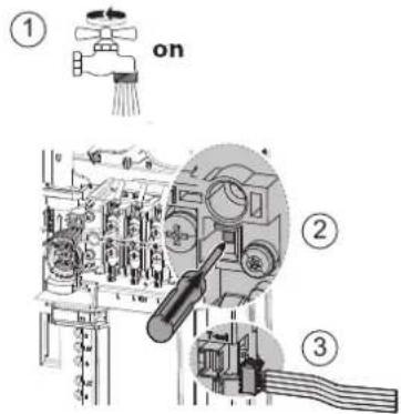 Technical diagram showing three labeled components of a mechanical assembly, including a faucet, valve, and tool.