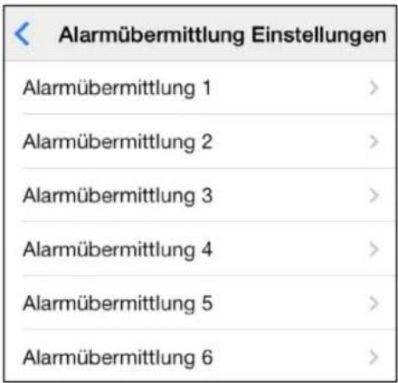 Alarmübermittlung Einstellungen Alarmübermittlung 1 > Alarmübermittlung 2 > Alarmübermittlung 3 > Alarmübermittlung 4 > Alarmübermittlung 5 > Alarmübermittlung 6 >