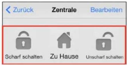 Zurück Zentrale Bearbeiten Scharf schalten Zu Hause Unscharf schalten