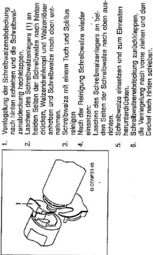 1. Verriegelung der Schreibwalzenabdeckung nach hinten schieben und die Schreibwalzenabdeckung hochklappen. 2. Laschen des Schreibwalzenlagers (1) an beiden Seiten der Schreibwalze nach hinten drücken, Walzendrehknopi und Walzenlöser anheben und Schreibwalze nach oben entnehmen. 3. Schreibwalze mit einem Tuch und Spirilus reinigen 4. Nach der Reinigung Schreibwalze wieder einsetzen: Laschen des Schreibwalzenlagers an beiden Seiten der Schreibwalze nach oben ausrichten. 5. Schreibwalze einsetzen und zum Einrasten herunterdrücken. 6. Schreibwalzenabdeckung zurückklappen, die Verriegelung nach vorne ziehen und den Deckel nach hinten schieben.