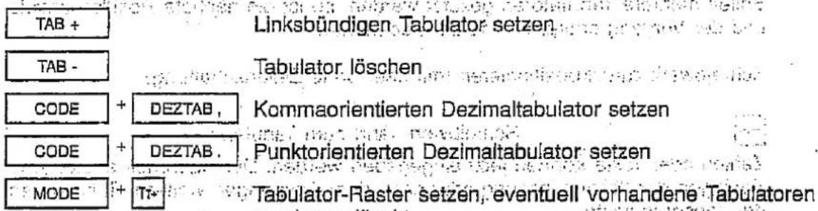 TAB + Linksbündigen Tabulator setzen TAB - Tabulator löschen CODE + DEZTAB , Kommaorientierten Dezimaltabulator setzen CODE + DEZTAB . Punktorientierten Dezimaltabulator setzen MODE + T7 - Tabulator-Raster setzen, eventuell 'vorhandene Tabulatoren