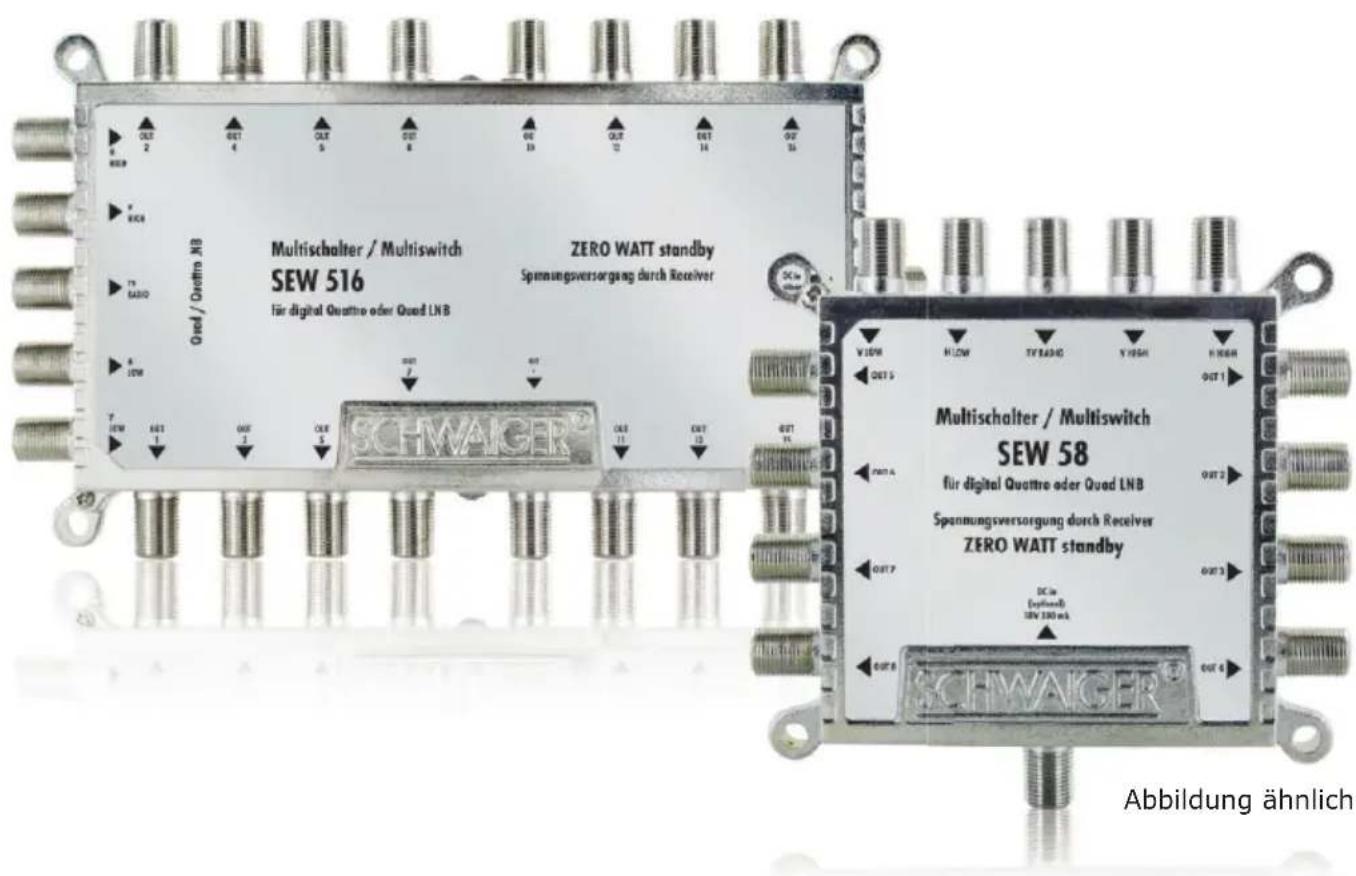 Multischalter / Multiswitch SEW 516 für digital Quattro oder Quad LNB ZERO WATT standby Spannungsversorgung durch Receiver Schwager® Multischalter / Multiswitch SEW 58 für digital Quattro oder Quad LNB Spannungsversorgung durch Receiver ZERO WATT standby DC in (optional) SEW 300 mA EBildung ähnlich