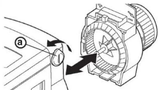 Diagram showing a hand operating a car's steering wheel with directional arrows indicating rotation or movement.