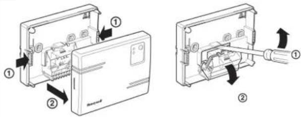 Technical diagram showing two views of a device with labeled parts and directional arrows indicating assembly or operation.