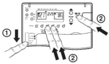 Diagram showing a device with labeled buttons and control panel, marked with arrows indicating action or operation steps.