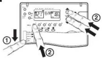 Diagram showing hands operating a digital device with labeled buttons and control buttons, numbered 1 to 2.
