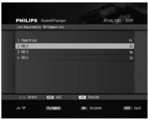PHILIPS Channel Manager 13 July 2003 13:05 Lists Organizational - TV Channel Lists 1 Main TV List 14 2 Add 2 11 3 Add 3 56 4 Add 4 23 Delete Add Renear TV/RAD Rename Bank