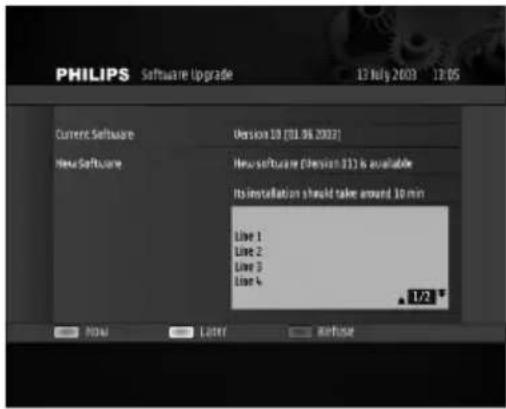 PHILIPS Software Upgrade 13 July 2003 12 OS Current Software Version 10 (01.06.2003) New Software New software (Version 11) is available Its installation should take around 10 min Line 1 Line 2 Line 3 Line 4 1/2 Now Layer Refuse