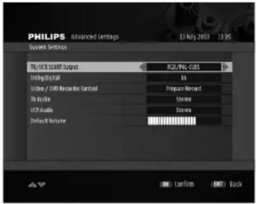 PHILIPS Advanced Settings 13 July 2009 13:05 System Settings RGB/PGL-CUBS Timing Digital On Urine / EUD Recorder Control Prepare Record PU Audio Stereo UCF Audio Stereo Default Volume OK Confirm Exit Back