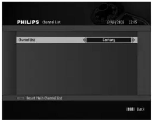 PHILIPS Channel List 13 July 2003 13:05 Channel List Germany Reset Main Channel List Back