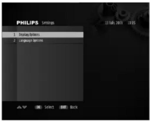 PHILIPS Settings 1 Display Options 2 Language Options 13 July 2018 13:05 OK Select END Back