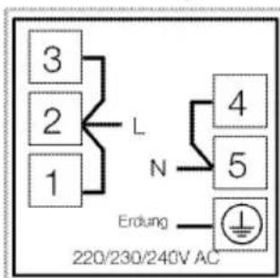 3 2 1 L N 4 5 Erdung 220/230/240V AC
