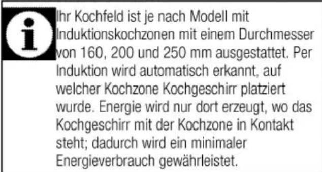 Ihr Kochfeld ist je nach Modell mit Induktionskochzonen mit einem Durchmesser von 160, 200 und 250 mm ausgestattet. Per Induktion wird automatisch erkannt, auf welcher Kochzone Kochgeschirr platziert wurde. Energie wird nur dort erzeugt, wo das Kochgeschirr mit der Kochzone in Kontakt steht; dadurch wird ein minimaler Energieverbrauch gewährleistet.