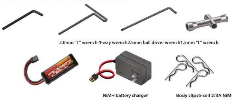 2.0mm "T" wrench 4-way wrench2.5mm ball driver wrench1.5mm "L" wrench NiMH battery charger Body clips6-cell 2/3A NiMH