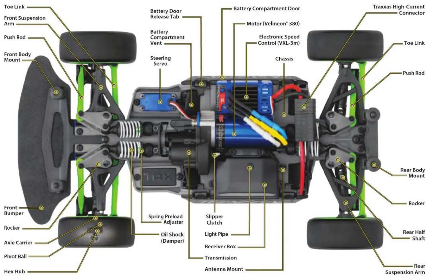 Toe Link Front Suspension Arm Push Rod Front Body Mount Front Bumper Rocker Axle Carrier Pivot Ball Hex Hub Battery Door Release Tab Battery Compartment Vent Steering Servo Spring Preload Adjuster Oil Shock (Damper) Battery Compartment Door Motor (Velineon® 380) Electronic Speed Control (VXL-3m) Chassis Slipper Clutch Light Pipe Receiver Box Transmission Antenna Mount Traxxas High-Current Connector Toe Link Push Rod Rear Body Mount Rocker Rear Half Shaft Rear Suspension Arm