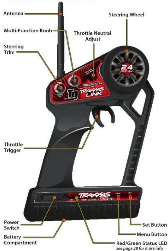 Antenna Multi-Function Knob Steering Trim Throttle Trigger Trachas Link Steeing Wheel Throttle Neutral Adjust 24 Power Switch Battery Compartment Set Button Menu Button Red/Green Status LED see page 28 for more info