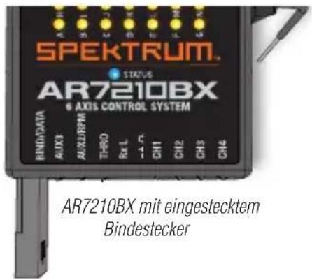 SPEKTRUM. STATUS AR7210BX 6 AXIS CONTROL SYSTEM BINDATA AUX3 AUX/D RPM THRO Rx L - - - - CH1 CH2 CH3 CH4 AR7210BX mit eingestecktem Bindestecker