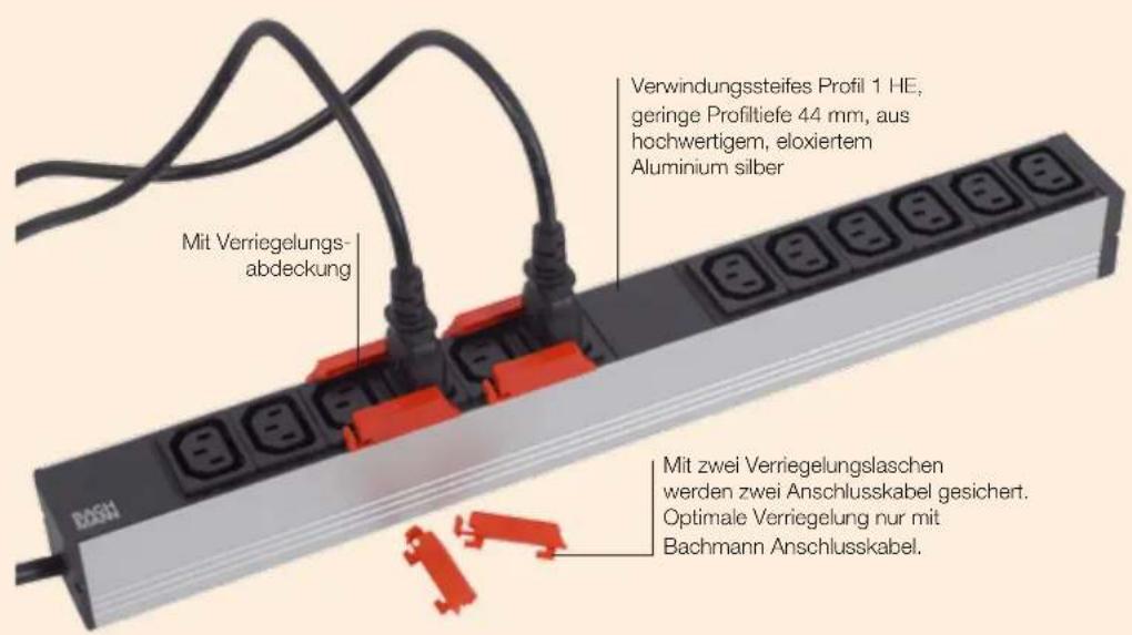 Verwindungssteifes Profil 1 HE, geringe Profitiefe 44 mm, aus hochwertigem, eloxiertem Aluminium silber Mit Verriegelungs- abdeckung Mit zwei Verriegelungslaschen werden zwei Anschlusskabel gesichert. Optimale Verriegelung nur mit Bachmann Anschlusskabel.