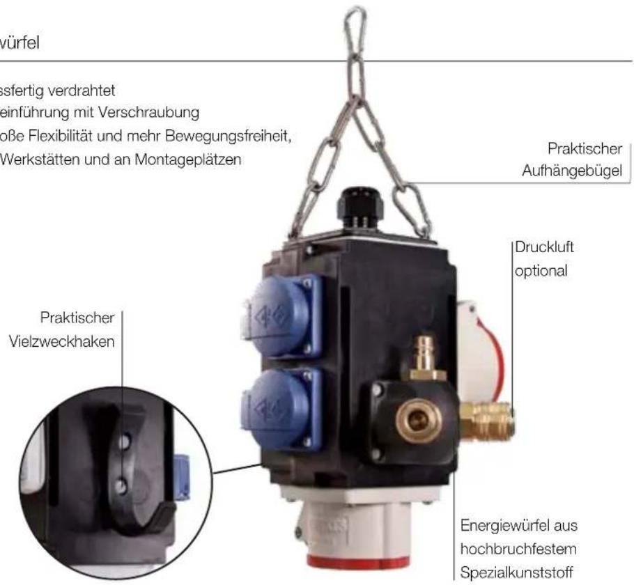 würfel infertig verdrahtet einführung mit Verschraubung böbe Flexibilität und mehr Bewegungsfreiheit, Werkstätten und an Montageplätzen Praktischer Aufhängebügel Praktischer Vielzweckhaken Druckluft optional Energiewürfel aus hochbruchfestem Spezialkunststoff