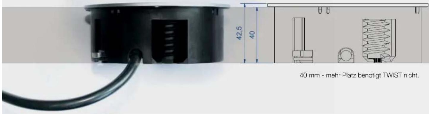 42,5 40 40 mm - mehr Platz benötigt TWIST nicht.