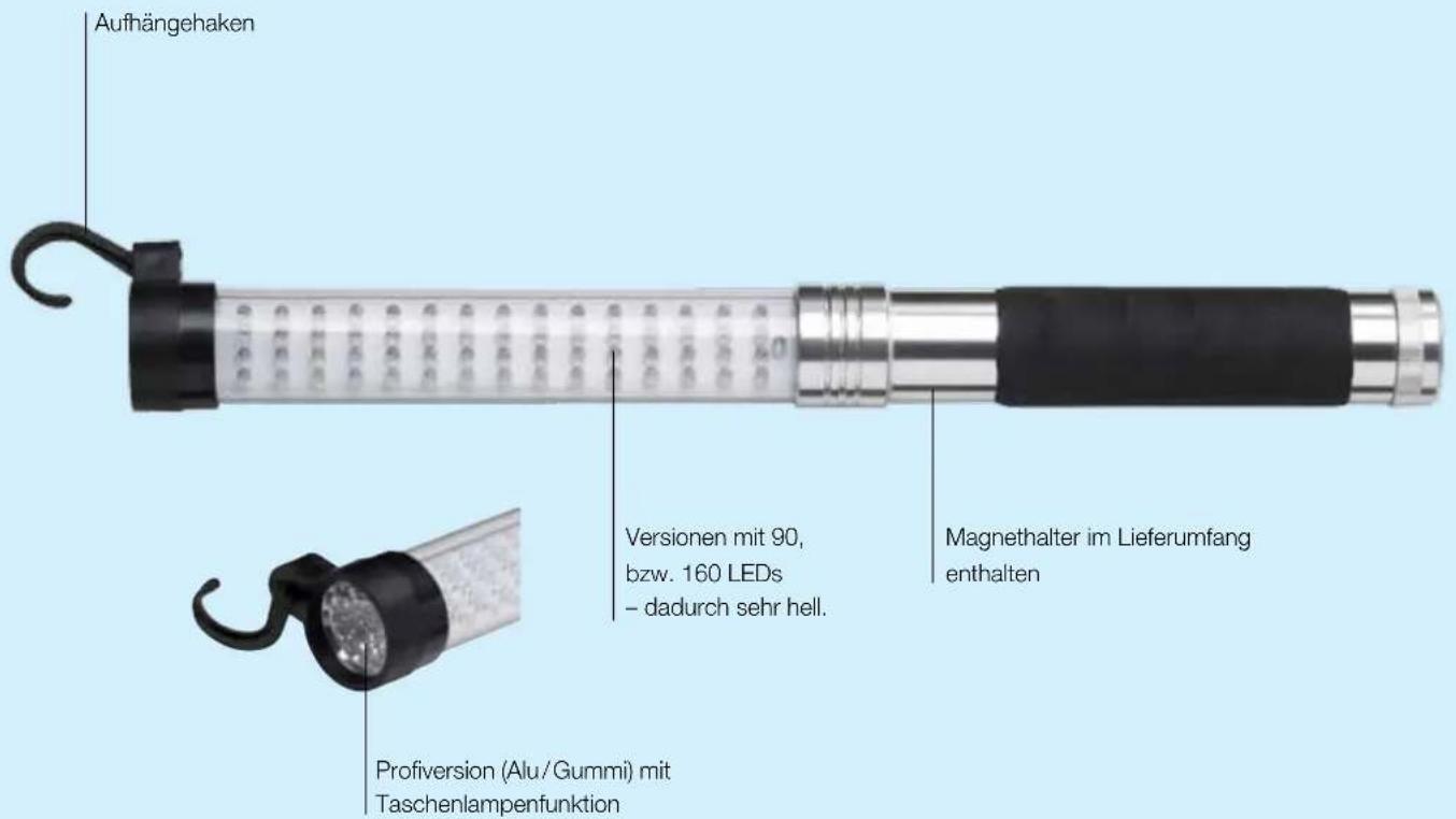 Aufhängehaken Versionen mit 90, bzw. 160 LEDs – dadurch sehr hell. Magnethalter im Lieferumfang enthalten Profiversion (Alu/Gummi) mit Taschenlampenfunktion