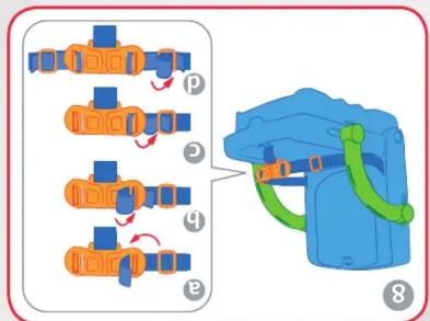 Diagram illustrating a mechanical assembly with labeled steps (p, c, q, p) and a magnified view of the device's internal structure.