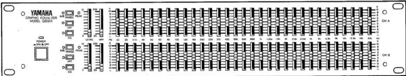 YAMAHA GRAPHIC EQUALIZER MODEL Q631A POWER ON/OFF 600 RANGE PEAK 10 200 12 9 6 3 0 -3 -5 -7 -9 -11 -13 -15 -17 -19 -21 -23 -25 -27 -29 -31 -33 -35 -37 -39 -41 -43 -45 -47 -49 -51 -53 -55 -57 -59 -61 -63 -65 -67 -69 -71 -73 -75 -77 -79 -81 -83 -85 -87 -89 -91 -93 -95 -97 -99 100 LEVEL HPF 100 200 120 240 140 260 160 280 180 300 400 500 600 700 800 900 1000 1100 1200 1300 1400 1500 1600 1700 1800 1900 2000 2100 2200 2300 2400 2500 2600 2700 2800 2900 3000 3100 3200 3300 3400 3500 3600 3700 3800 3900 4000 4100 4200 4300 4400 4500 4600 4700 4800 4900 5000 5100 5200 5300 5400 5500 5600 5700 5800 5900 6000 6100 6200 6300 6400 6500 6600 6700 6800 6900 7000 7100 7200 7300 7400 7500 7600 7700 7800 7900 8000 8100 8200 8300 8400 8500 8600 8700 8800 8900 9000 9100 9200 9300 9400 9500 9600 9700 9800 9900 CH A CH B