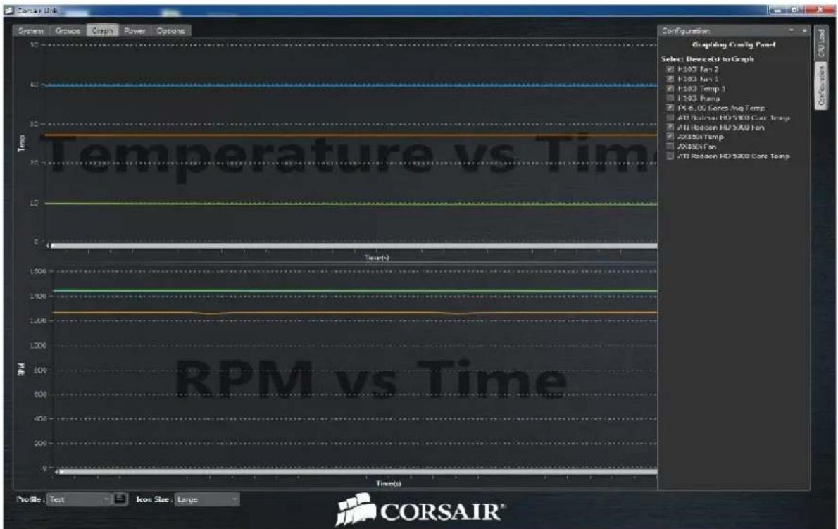 Temperature vs Time Temperature CPU Load Configuration Displaying Ctrl+ Panel Select Devices to Graph H1007 Tin 2 H1003 Tin 1 H1003 Temp 1 H1003 Pump P4.6.0K Cores Avg Temp ATI Radion HD 5000 Core Temp ATI Radion HD 5000 Torr AX8501 Tin AX8501 Tin ATI Radion HD 5000 Core Temp RPM vs Time Profile: Test Icon Size: Large CORSAIR®