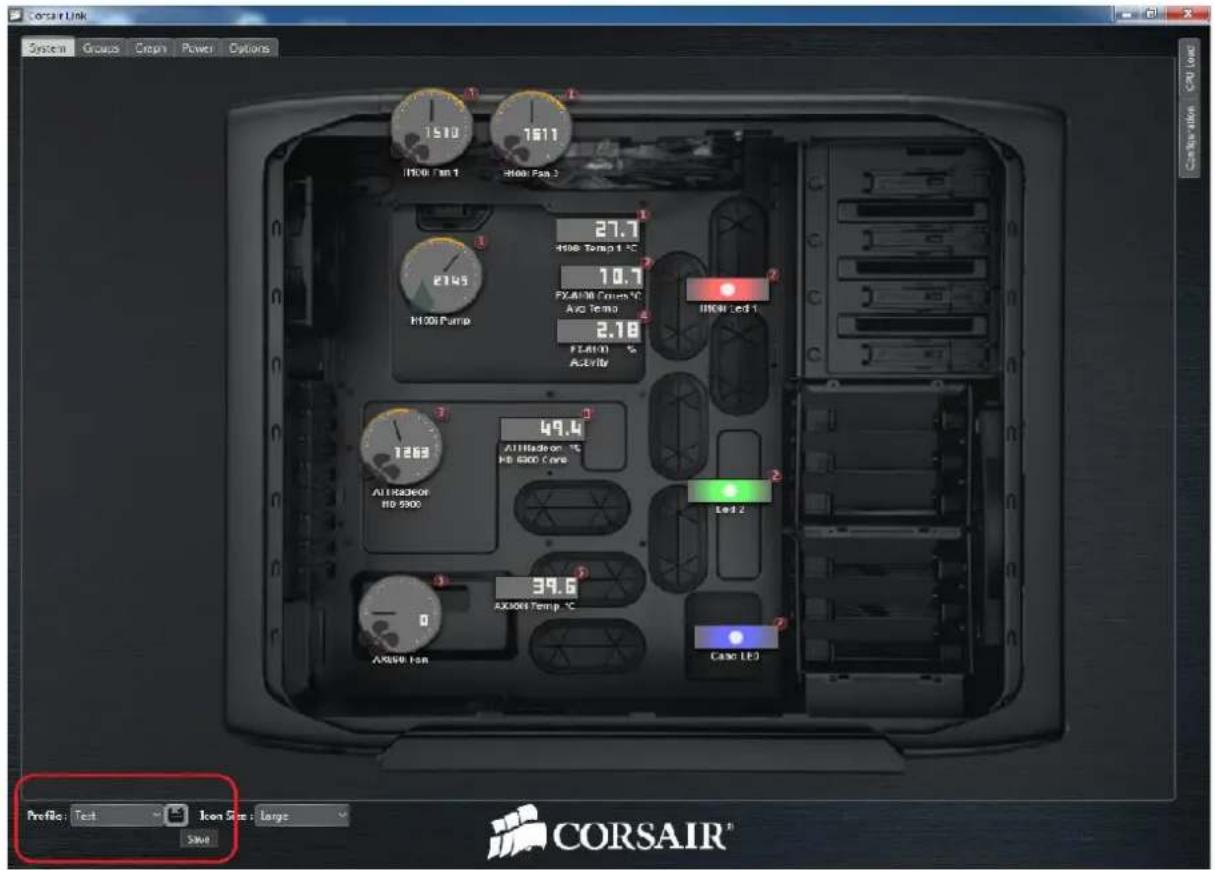 Corsair Link System Groups Clean Power Options 1510 1611 1 1000 Fan 1 High Fan 2 27.7 4900 Temp 1 °C FX4000 Current °C Avg Temp 2.18 FL4000 % Active 2143 M1000 Pump 1 49.4 All Hadoop - °C HD 6000 Core LED 2 ALLHADON HD 5900 39.6 AX3000 Temp °C AX3000 Fan Case LED Profile: Test Icon Size: Large Save CORSAIR®