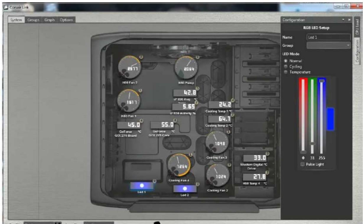 Console Link System Groups Graph Options Configuration RGB LED Setup Name Lod 1 Group LED Mode Normal Cycling Temperature 0 31 255 Pulse Light H80 Fan 2 H80 Pump 42.8 #956 Avg °C 5.65 H80 Fan 1 #956 Activity % 45.0 55.0 GeForce °C GeForce °C GTX 275 Board GTX 275 Cars Led 1 Led 2 Cooling Fan 4 Cooling Fan 2 1264 1098 33.0 1024 27.8 H80 Temp 4 °C