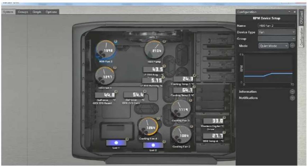 System Groups Graph Options System Groups Configuration RPM Device Setup Name HB0 Fan 2 Device Type Fan Group Mode: Quiet Mode CPU Load 1548 HBO Fan 2 HBO Pump 43.5 17 9500 Aug 5.15 HBO Fan 1 17 9500 Activity % 44.8 Defiance °C QTX 275 Board Defiance °C QTX 275 Core 54.4 1264 Lod 1 Lod 2 Cooling Temp 1 °C 64.7 Cooling Temp 2 °C 1114 Cooling Fan 3 33.0 Western Digital °C Drive 27.7 HBO Temp 4 °C