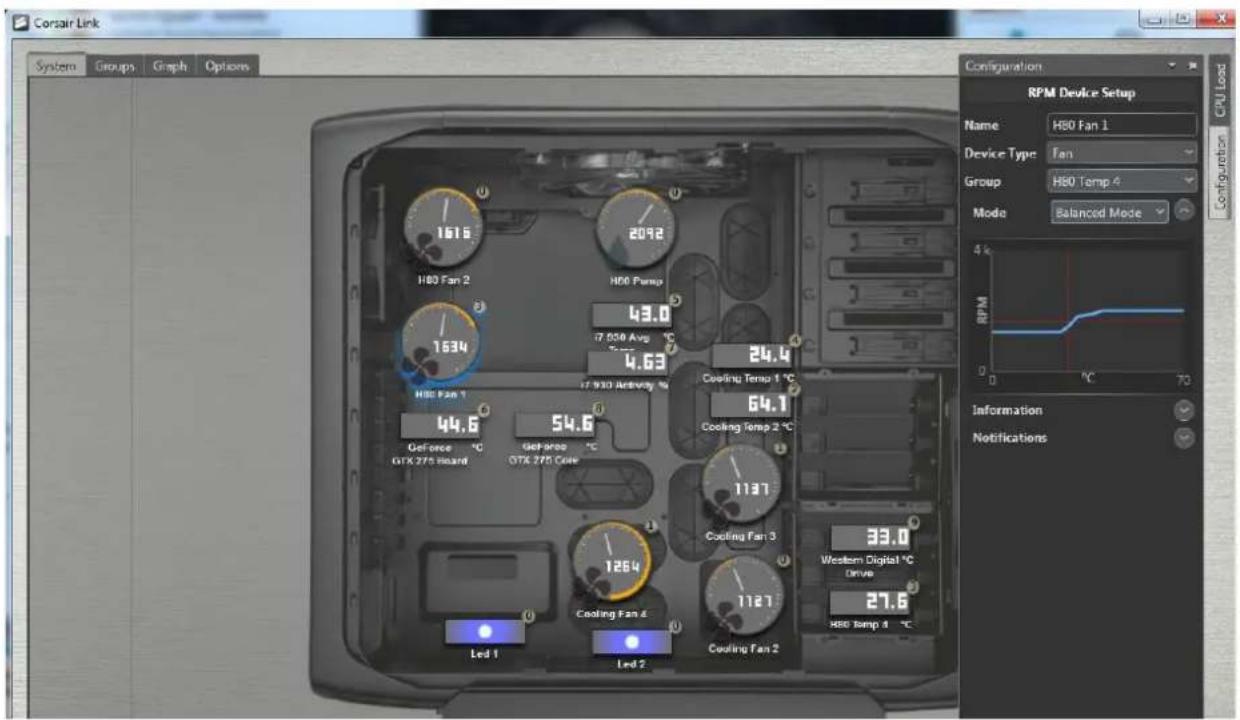 Corsair Link System Groups Graph Options Configuration RPM Device Setup Name H80 Fan 1 Device Type Fan Group H80 Temp 4 Mode Balanced Mode 4k RPM 0 70 0 70 43.0 43.0 46.3 24.4 64.1 1137 33.0 27.6 H80 Temp 4 °C LED 1 Led 2 H80 Fan 2 H80 Pump 1534 17 930 Antivirus 44.6 54.6 Deforce °C Deforamp °C GTX 275 Record GTX 270 Core Cooling Temp 1 °C 64.1 Cooling Temp 2 °C 1264 1127 Cooling Fan 3 Western Digital °C Drive 27.6 H80 Temp 4 °C Configuration CPU Load