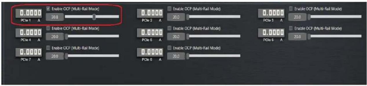 Enable OCP (Multi-Rail Mode) PCIe 1 A 30.8 Enable OCP (Multi-Rail Mode) PCIe 4 A 20.0 Enable OCP (Multi-Rail Mode) PCIe 7 A 20.0 Enable OCP (Multi-Rail Mode) PCIe 2 A 20.0 Enable OCP (Multi-Rail Mode) PCIe 5 A 20.0 Enable OCP (Multi-Rail Mode) PCIe 6 A 20.0 Enable OCP (Multi-Rail Mode)