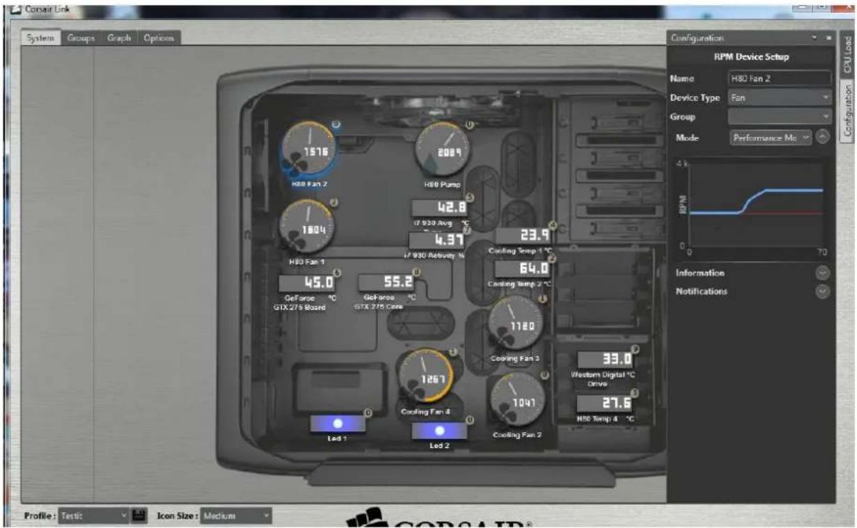 Consair Link System Groups Graph Options Configuration RPM Device Setup Name H30 Fan 2 Device Type Fan Group Mode Performance Mo 4 k RPM 0 70 Information Notifications Profile: Testic Icon Size: Medium 1576 2084 H30 Fan 2 H30 Pump 17 930 Avg °C 42.8 4.37 H30 Fan 1 17 930 Activity % 45.0 GeForce °C GeForce °C GTX 275 Board GTX 275 Cone 55.2 1120 Cooling Temp 1 °C 64.0 Cooling Temp 2 °C 1267 Cooling Fan 3 33.0 Western Digital °C Drive 27.6 H30 Temp 4 °C Led 1 Led 2