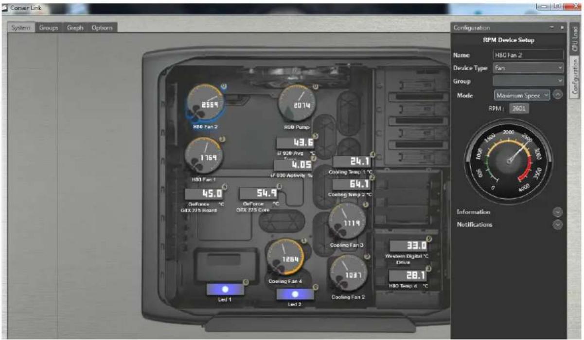 System Groups Graph Options System Groups Configuration RPM Device Setup Name HBO Fan 2 Device Type Fan Group Mode: Maximum Speed SPM: 2601 CPU Load 45.0 45.0 54.9 54.9 64.1 64.1 7119 7119 83.0 83.0 Led 1 Led 2 HBO Fan 2 HBO Pump 43.6 930 Avg °C 4.05 HBO Fan 1 HBO Activity % Coating Temp 1 °C Coating Temp 2 °C Coating Fan 3 Coating Fan 4 Coating Fan 2 Western Digital °C Drive HBO Temp at °C Information Notifications