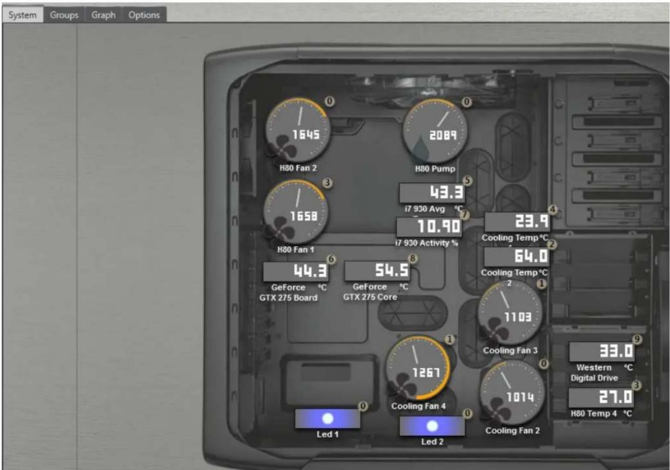 System Groups Graph Options H80 Fan 2 H80 Pump 43.3 i7 930 Avg °C 10.90 i7 930 Activity % H80 Fan 1 44.3 GeForce °C GTX 275 Board GeForce °C GTX 275 Core Cooling Temp °C 64.0 Cooling Temp °C 1103 Cooling Fan 3 33.0 Western °C Digital Drive 27.0 H80 Temp 4 °C Led 1 Led 2 Cooling Fan 4 1267 Led 2 Cooling Fan 2