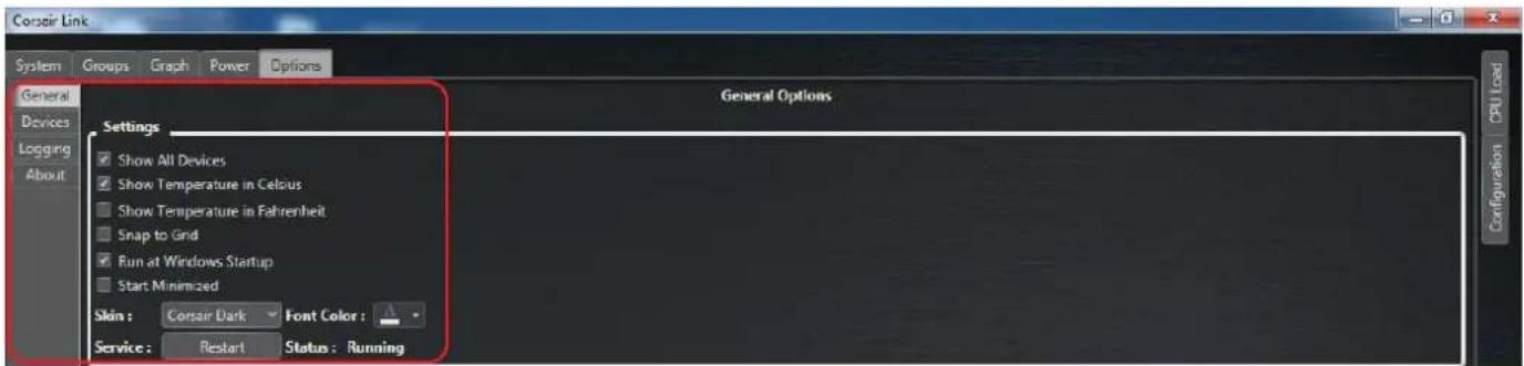 Corexir Link System Groups Graph Power Options General Devices Logging About Settings Show All Devices Show Temperature in Celsius Show Temperature in Fahrenheit Snap to Grid Run at Windows Startup Start Minimized Skin: Corsair Dark Font Color: Service: Restart Status: Running General Options CPU Load Configuration