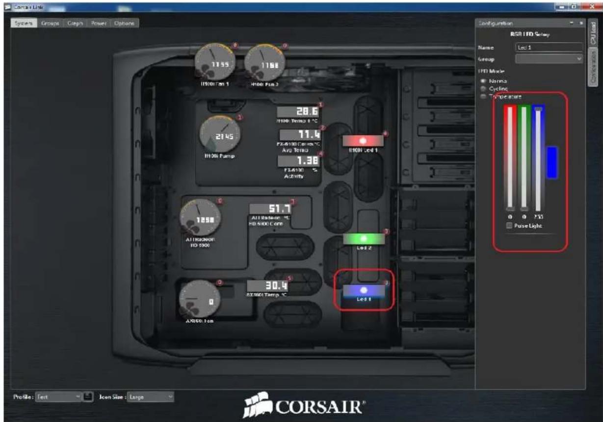 Corsair Link System Groups Creaps Power Options 11:55 11:00 H10017an 1 H100 Fsn 2 28.6 H100 Temp 1 °C 21.45 F54900 Cores 1°C Ara Temp F54900 S Activity E1001 led 1 12:50 51.7 A11Raz3000 HD 5900 All radiation °C HD 5900 Core Led 2 30.4 EX3501 Temp 1°C Led 1 AX9500 Tin Configuration RGB/LED Setup Name Led 1 Group LED Mode Norma Cycling Temperature 0 0 723 Fuse Light Profile: Text Icon Size: Large CORSAIR®