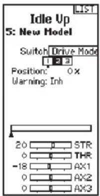 Idle Up 5: New Model Switch Drive Mode Position: 0 x Warning: Inh 20 STR 0 THR -18 AX1 0 AX2 0 AX3 LIST