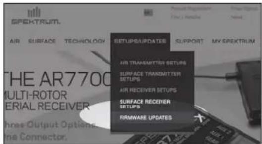 SPEKTRUM AIR SURFACE TECHNOLOGY THE AR7700 MULTI-ROTOR ERIAL RECEIVER Three-Output Options Line Connector. SETUPS/UPDATES AIR TRANSMITTER SETUPS SURFACE TRANSMITTER SETUPS AIR RECEIVER SETUPS SURFACE RECEIVER SETUPS FIRMWARE UPDATES