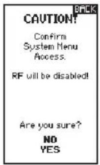 CAUTION! Confirm System Menu Access. RF will be disabled! Are you sure? NO YES