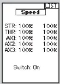 LIST Speed STR: 100% 100% THR: 100% 100% AX1: 100% 100% AX2: 100% 100% AX3: 100% 100% Switch: On