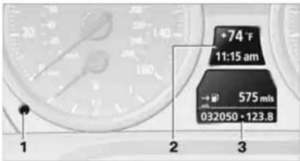 BMW 328i xDrive (2010) - Odometer, outside temperature display, clock - 1