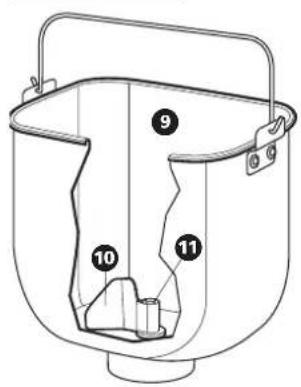 Technical diagram of a bucket with numbered parts labeled 9, 10, and 11